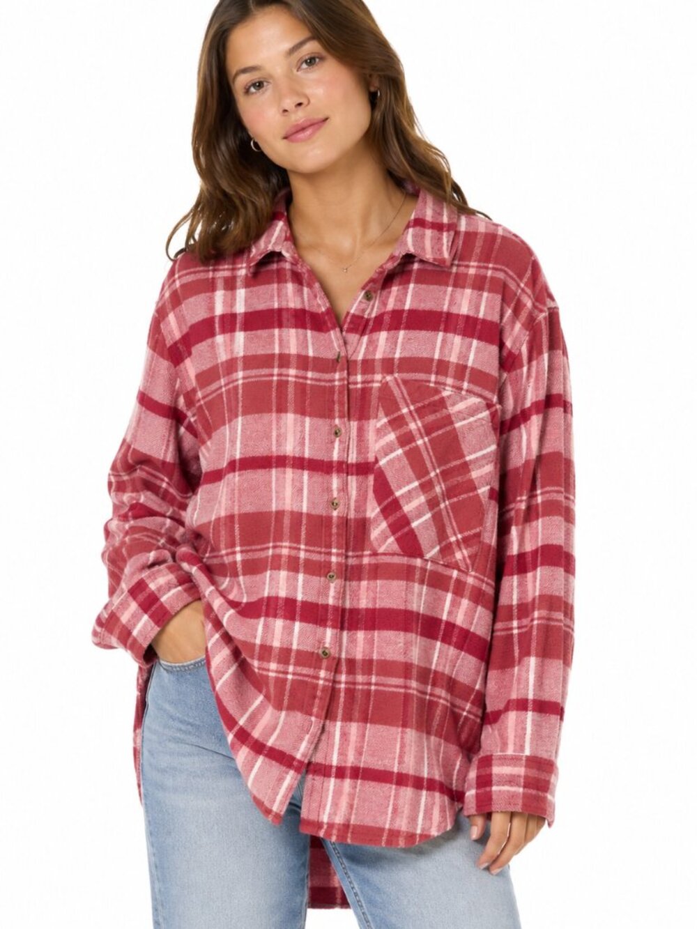 Aerie Red Plaid Oversized Flannel Button Down Shirt Size L
